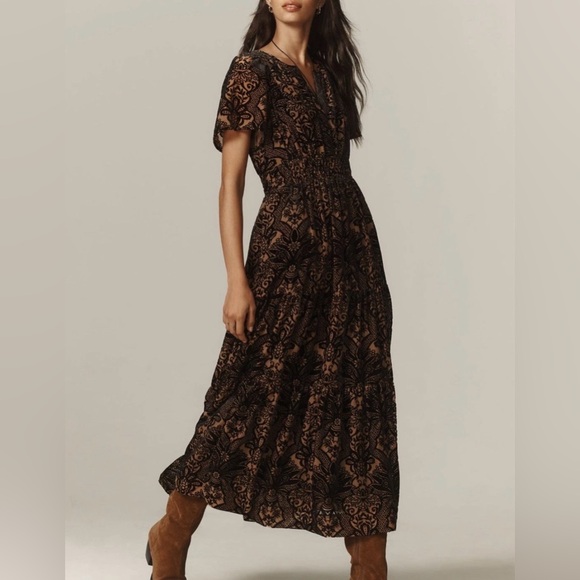 Anthropologie The Somerset Maxi Dress Velvet Edition Burnout Design L Black Nude - Picture 2 of 16